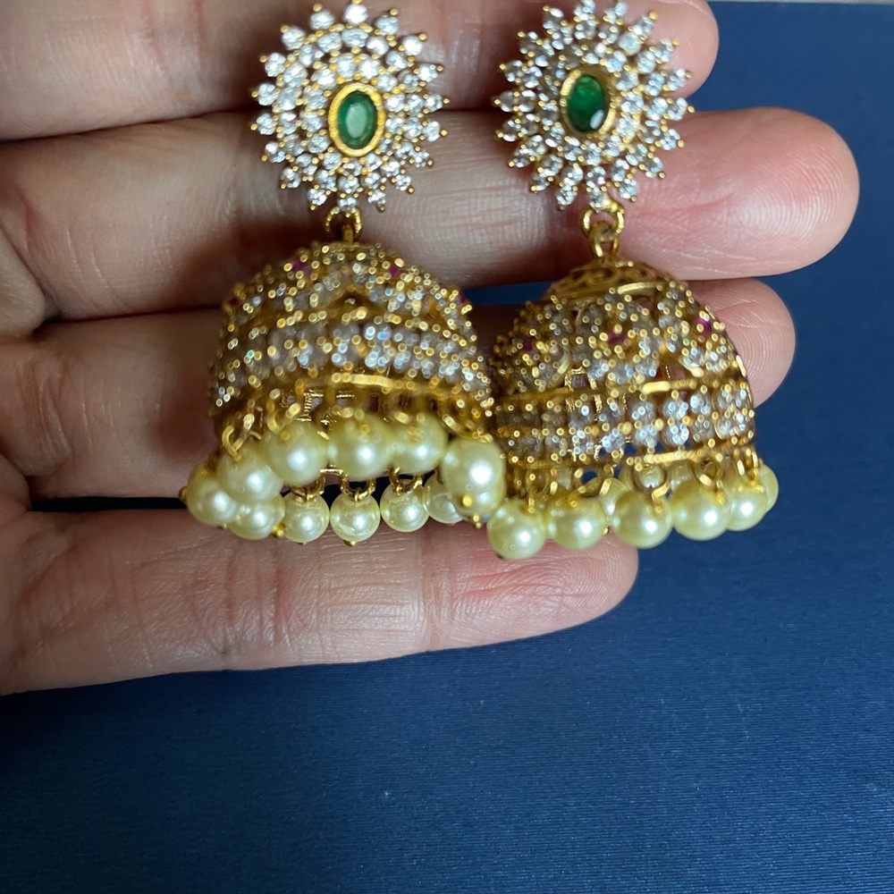 Gold Jhumka Earrings with Green Stone and Pearl Fringe
